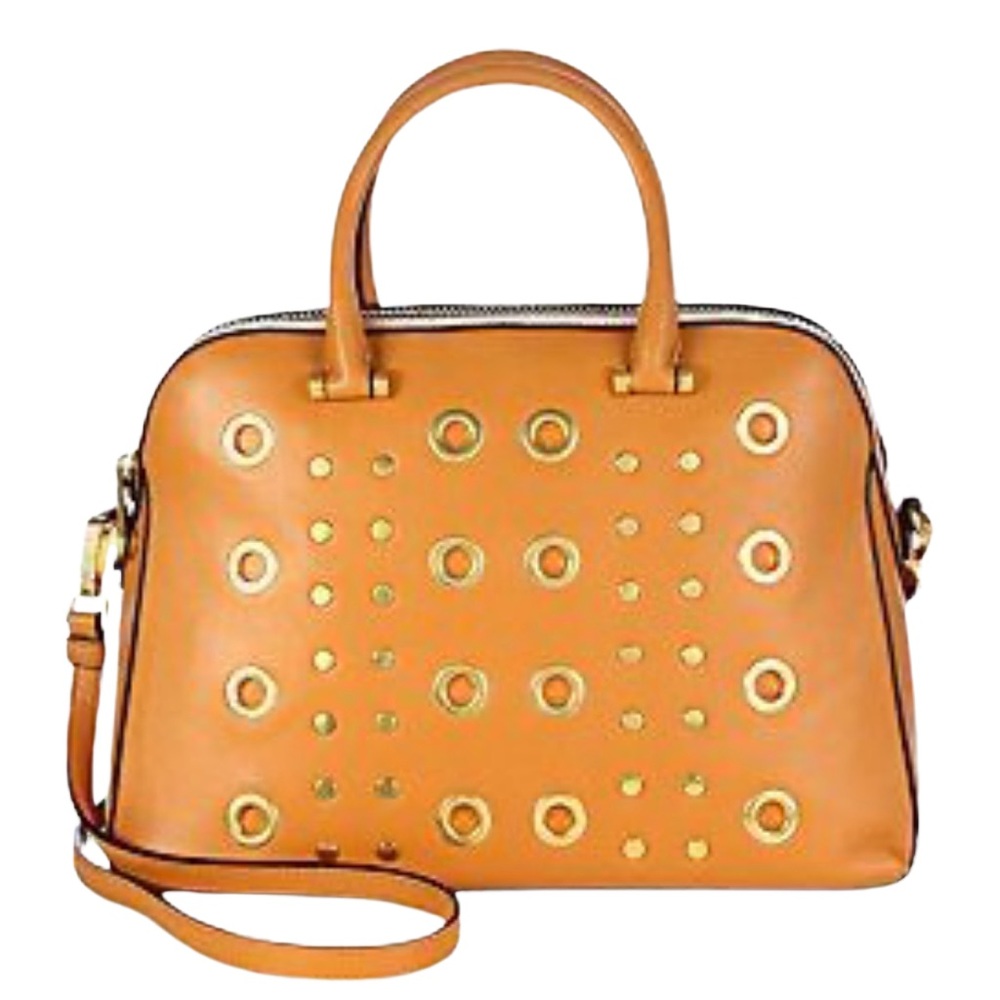 MILLY Designer Kent Grommet Embellished Leather Satchel Caramel Shoulder Bag.
